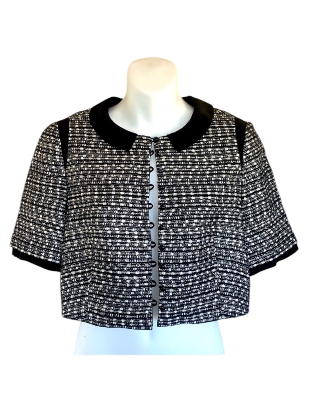Badgley Mischka bolero jacket, black/white tweed, cropped, silver thread. S EUC